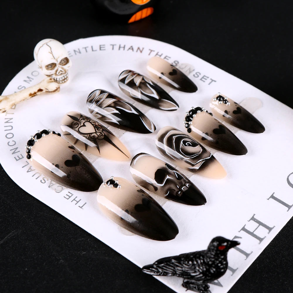 24Pcs Black Glossy Halloween Almond Fake Nails Gradient French Cool Press On Nails Rose/Heart/Skull Acrylic Wearable False Nails