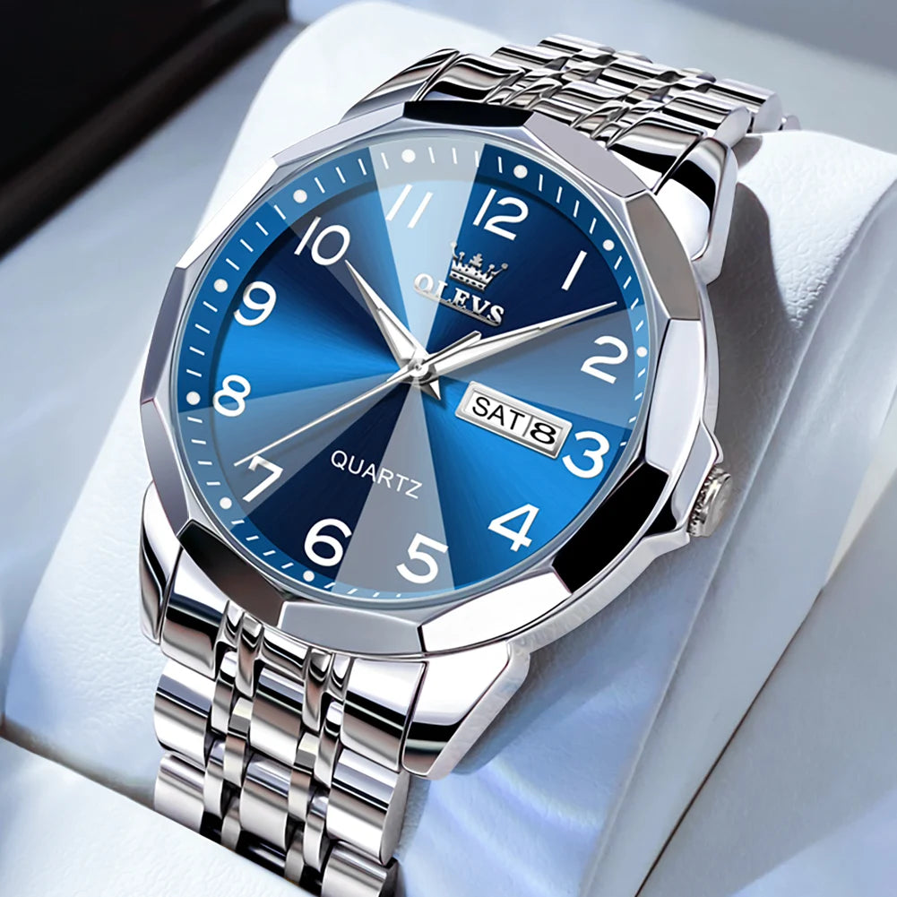 OLEVS Mens Quartz Watch Waterproof Stainless Steel Luminous Dial Date Week Dress