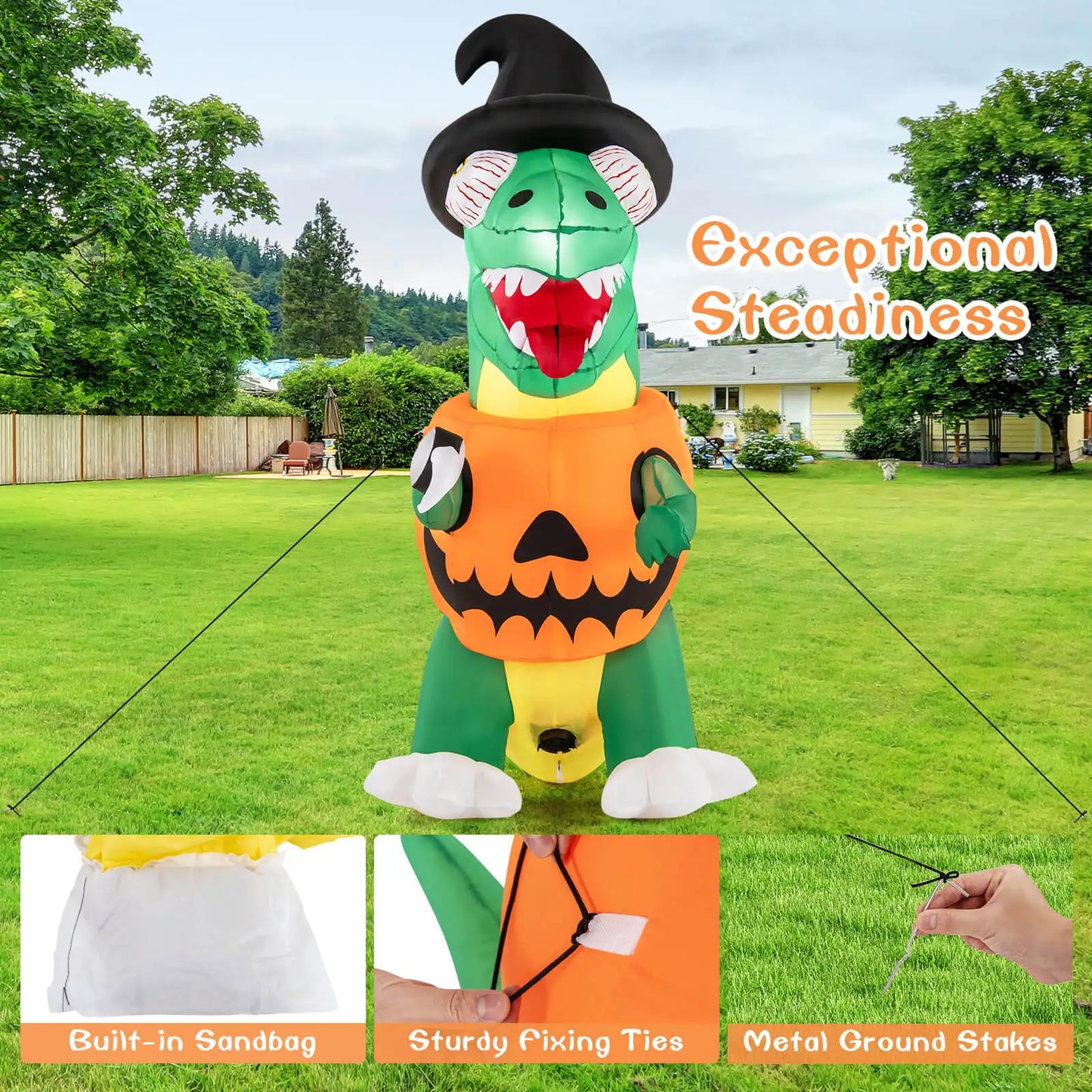 6 Ft Inflatable Pumpkin Dinosaur With LED Lights Witch Hat
