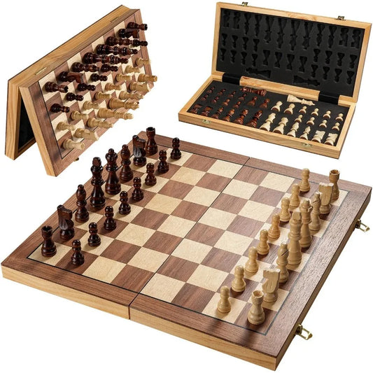 Folding Wooden Magnetic Chess Board 15 Inch Travel Set With Built In Storage