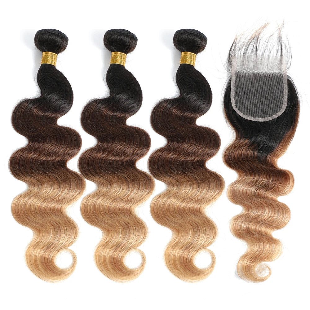 Ombre Color Body Wave Human Hair Bundles With Closure 100 Percent Unprocessed Virgin Remy Hair 1B 4 27