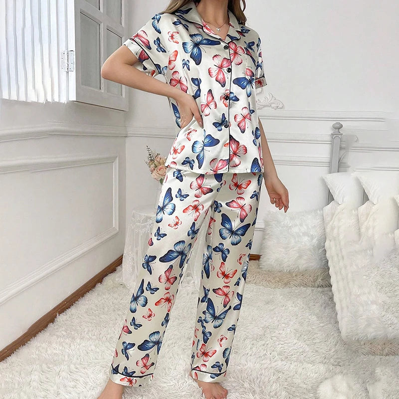 Women Satin Pajama Set Long Sleeve Button Up Nightwear Loungewear