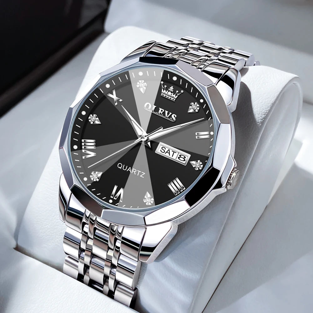 OLEVS Mens Quartz Watch Waterproof Stainless Steel Luminous Dial Date Week Dress