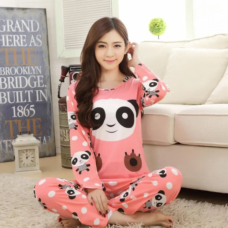 Ladies Cartoon Bear Pajama Set Long Sleeve Two Piece Soft Easy Care Sleepwear