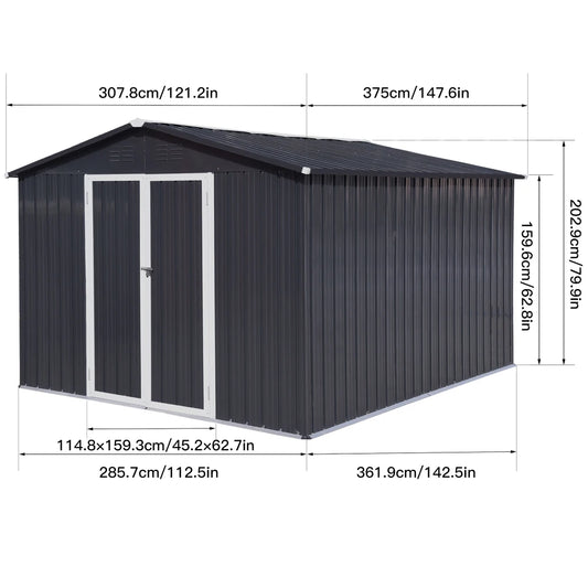 10ft x 12ft Garden Shed with Updated Frame Structure and Lockable Doors Metal Tool Storage for Backyard and Patio