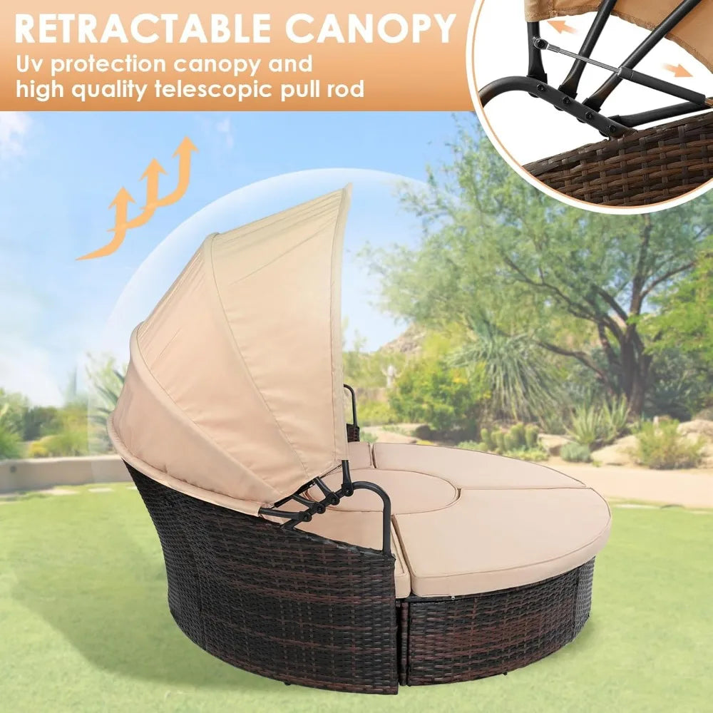DAFIFY Outdoor Daybed Set With Retractable Canopy Wicker Rattan 5 Pieces