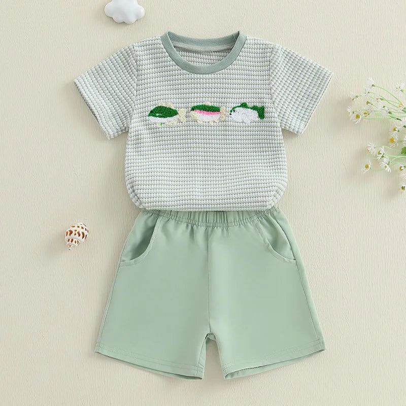 Infant Boy Outfit Set with Cute Animal Embroidery Tee and Stylish Plaid Shorts Summer 2 Piece Set