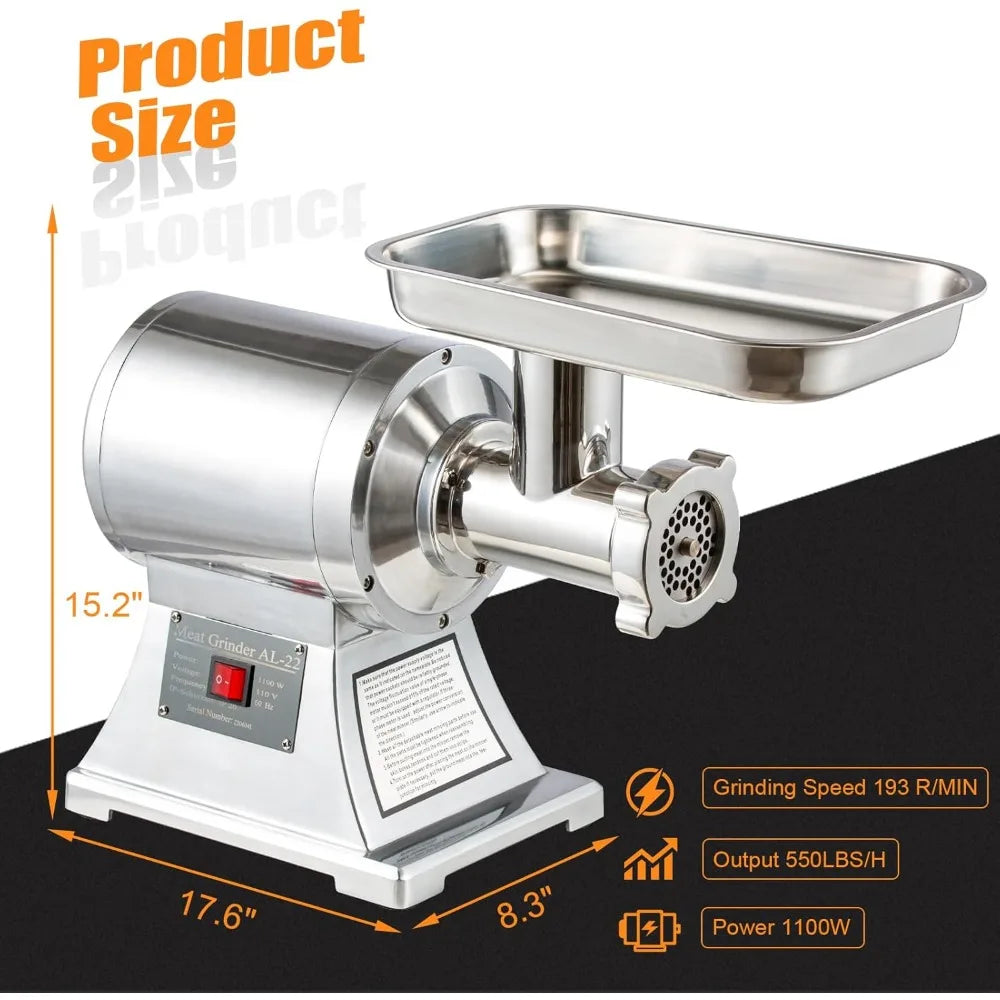 1.5 HP 1100W Commercial Meat Grinder Heavy Duty 550 LBS/H