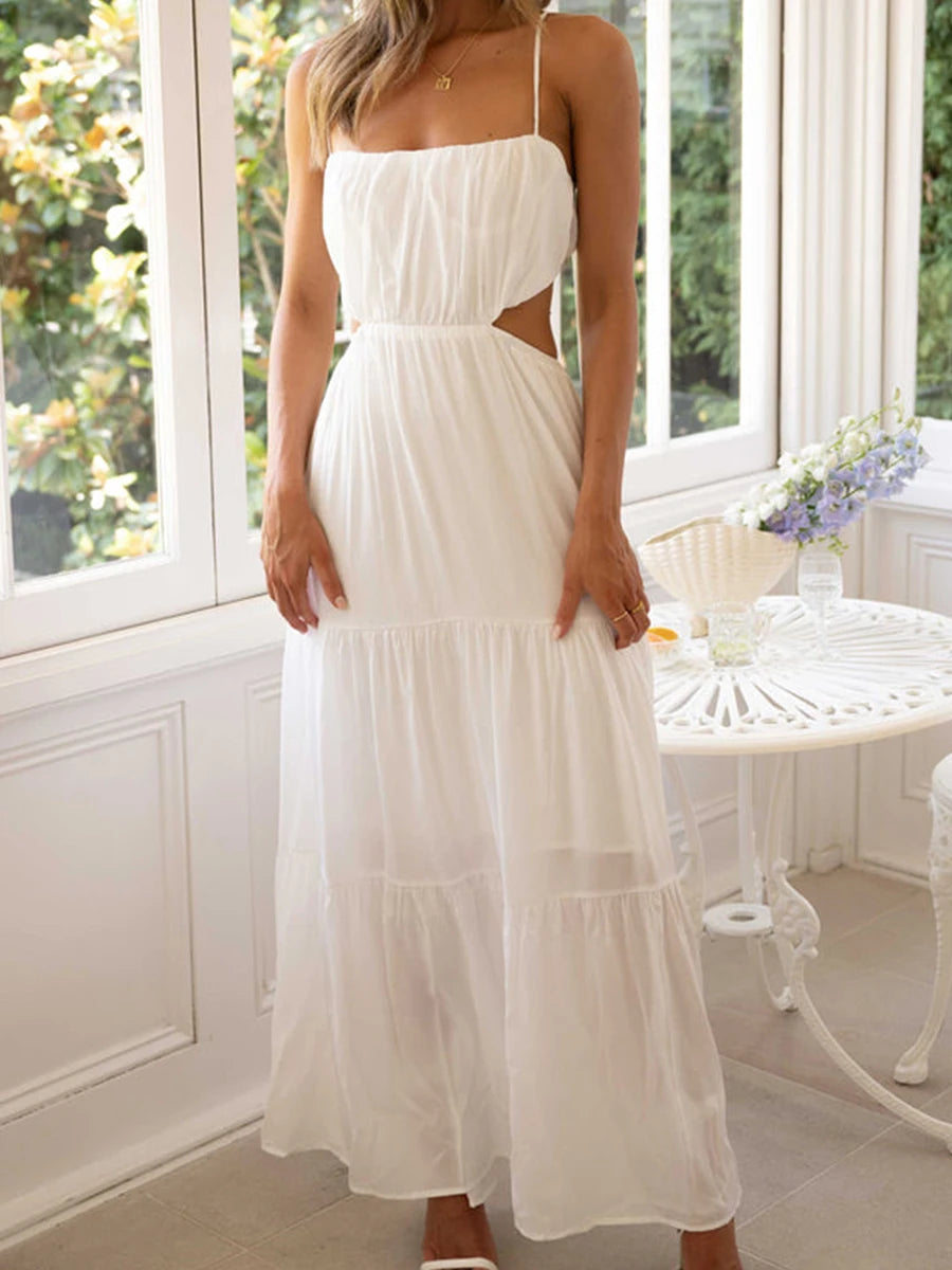 Elegant Sleeveless Maxi Dress With V Neckline Ruched Waist