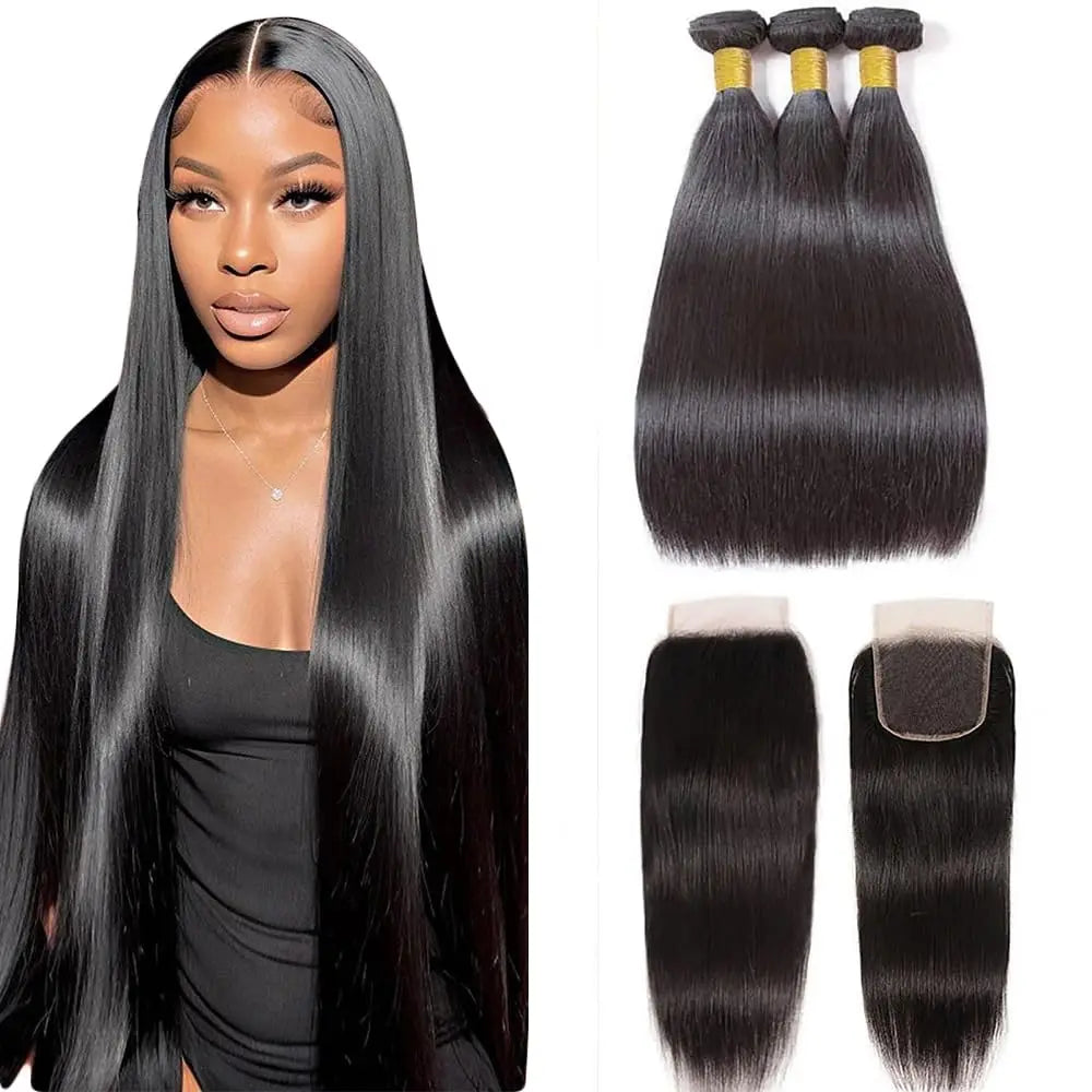 Burmese Virgin Human Hair Bundles With Closure 12A Straight Remy 100 Percent Unprocessed Raw Hair 3 Wefts 1 Closure