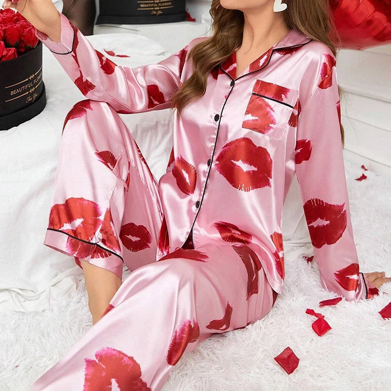 Women Satin Pajama Set Long Sleeve Button Up Nightwear Loungewear