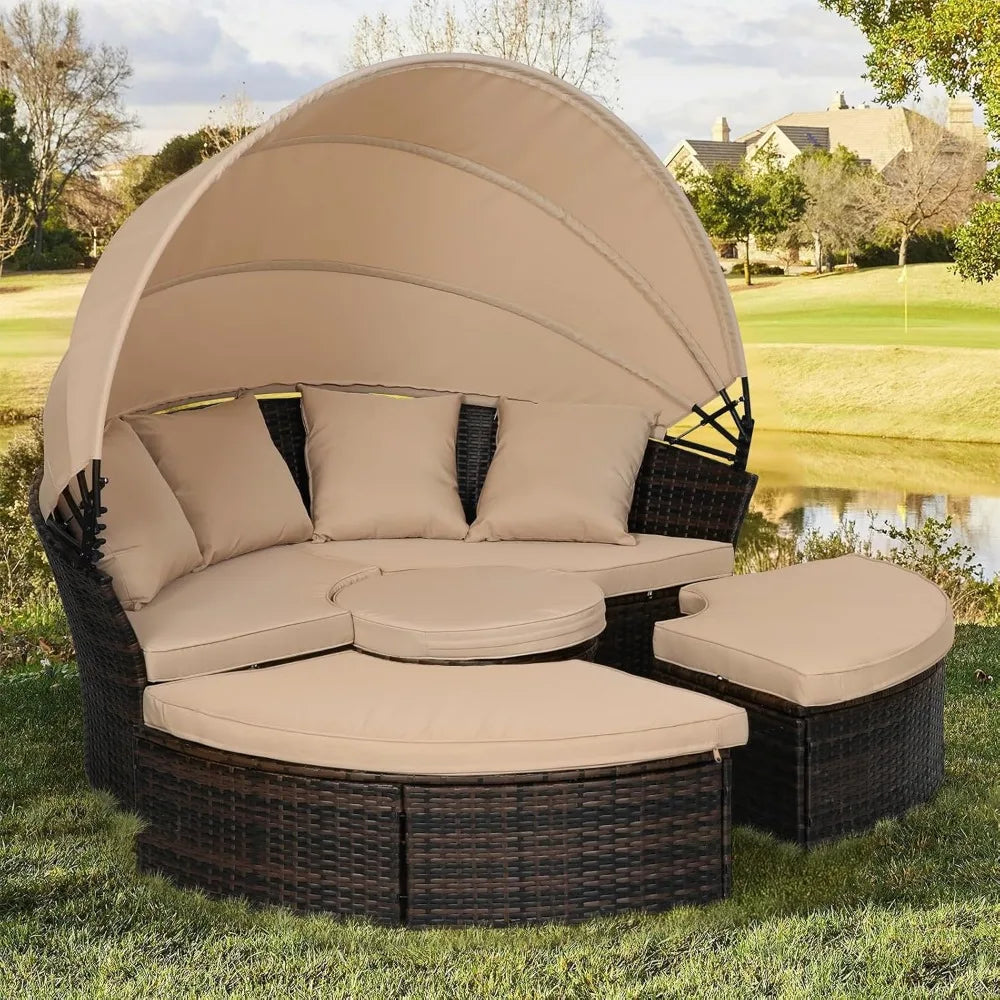 DAFIFY Outdoor Daybed Set With Retractable Canopy Wicker Rattan 5 Pieces