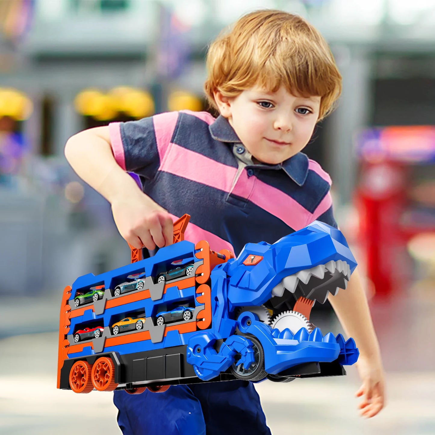 59IN Foldable Dinosaur Transport Truck with 12 Cars Gift