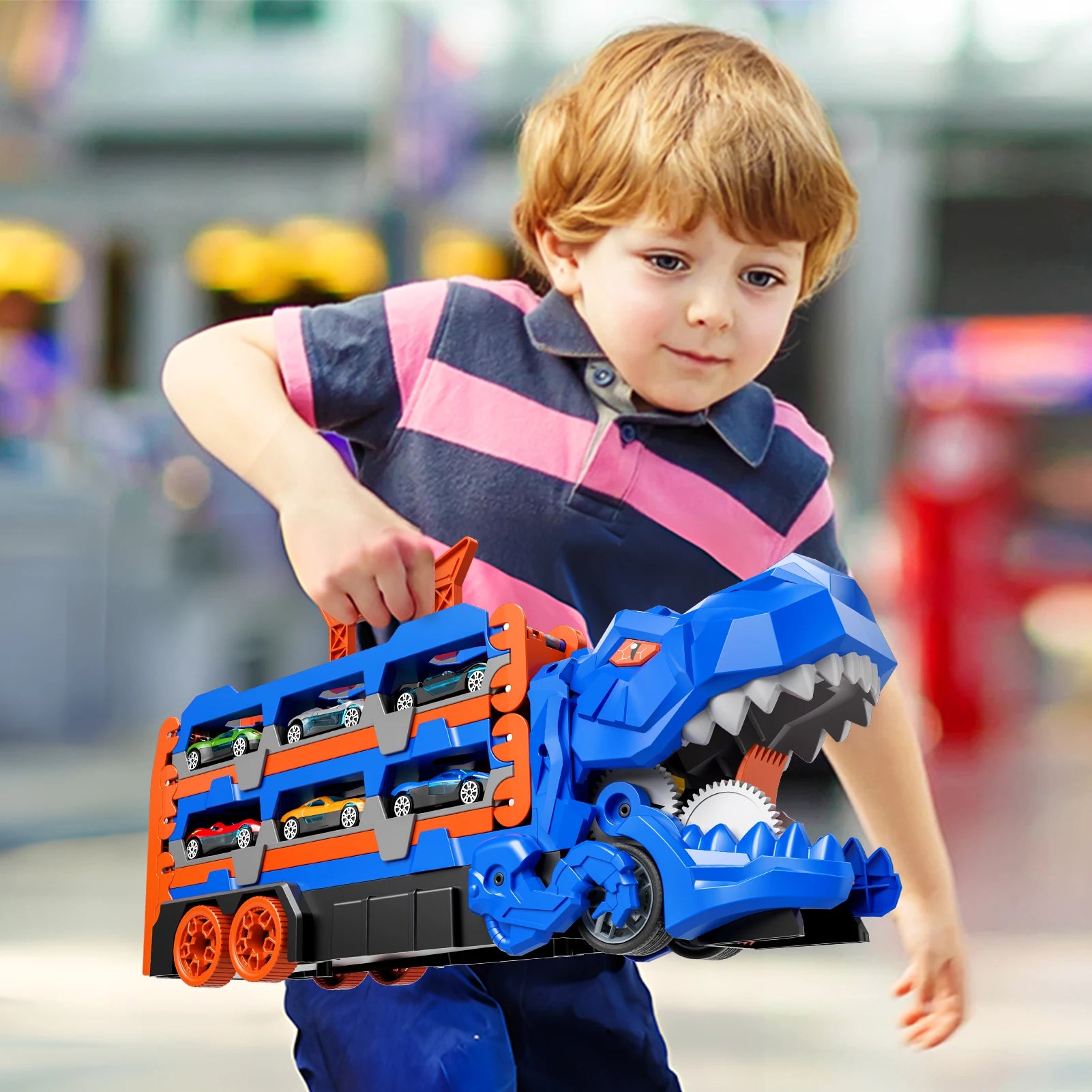 59IN Foldable Dinosaur Transport Truck with 12 Cars Gift
