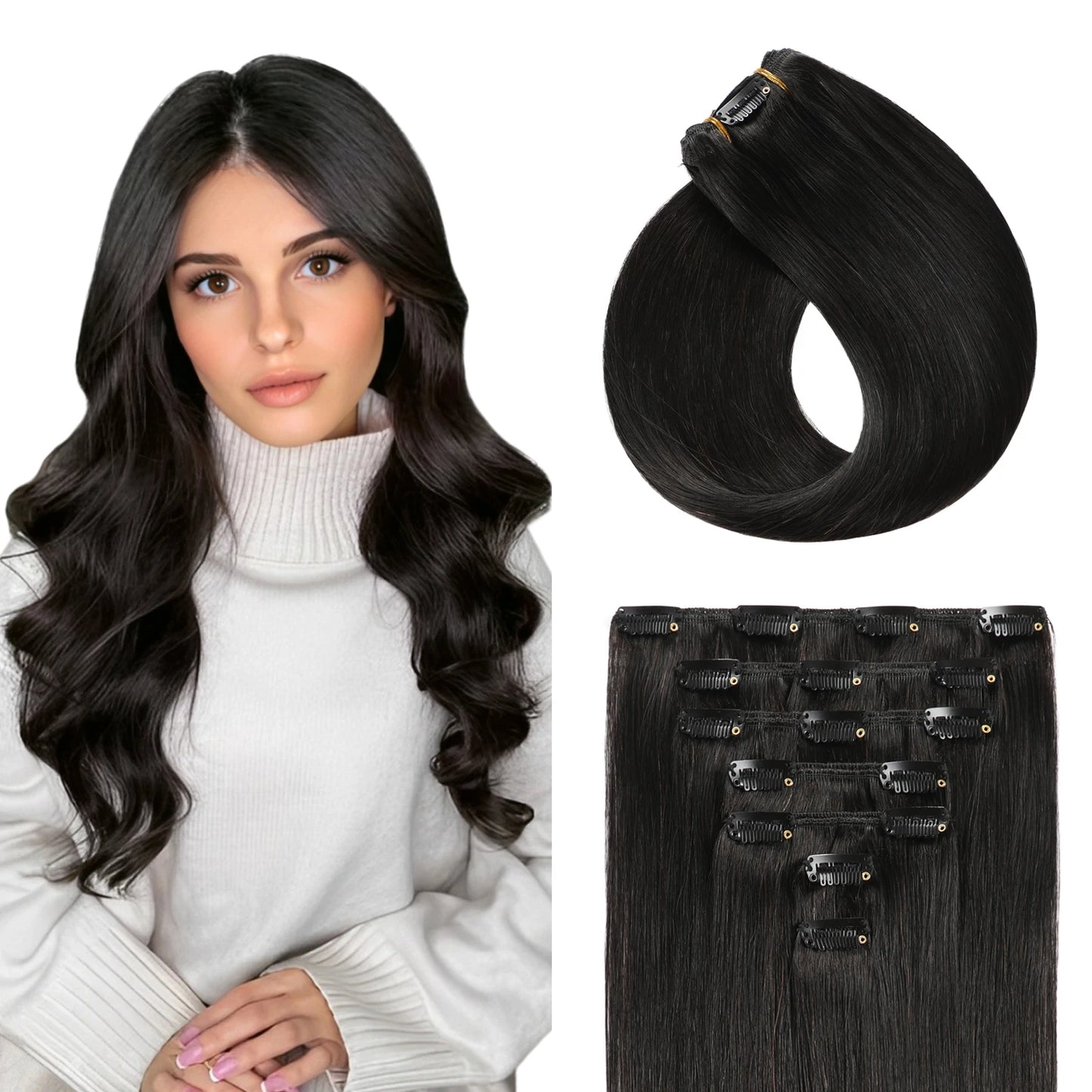 1B Natural Black Premium Real Human Hair Clip-in Extensions
