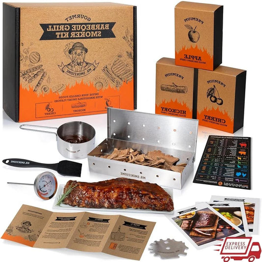 Wood Smoked BBQ Grill Set 12 Pieces Smoker Box Grill Accessories Premium Stainless Steel Meat Thermometer and Chips
