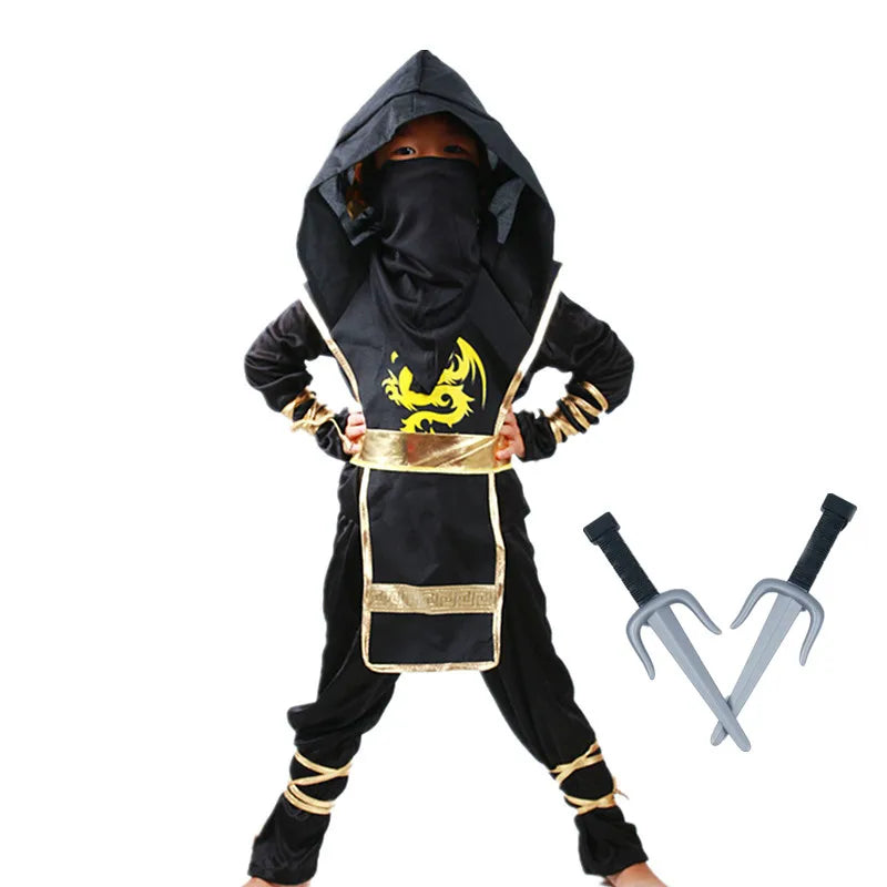 Boys Ninja Deluxe Costume for Kids with Weapon Accessories Kids Kung Fu Outfit Halloween Ideas Gifts with Bayonet Toys